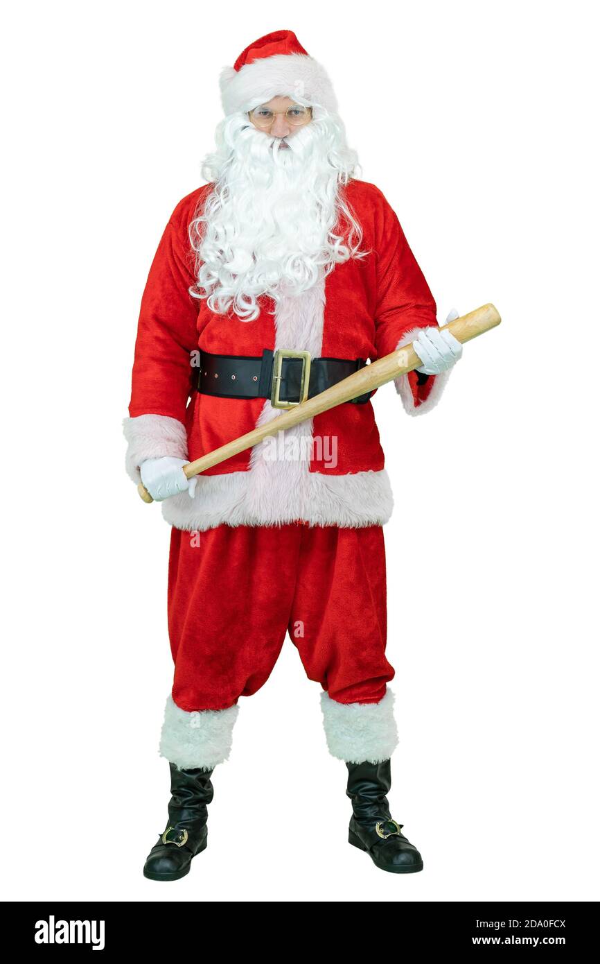 Wütend, aggressiv Bad Santa hält Baseballschläger. Santa Claus hält Baseballschläger auf weißem Hintergrund. Weihnachten steht bevor Stockfoto