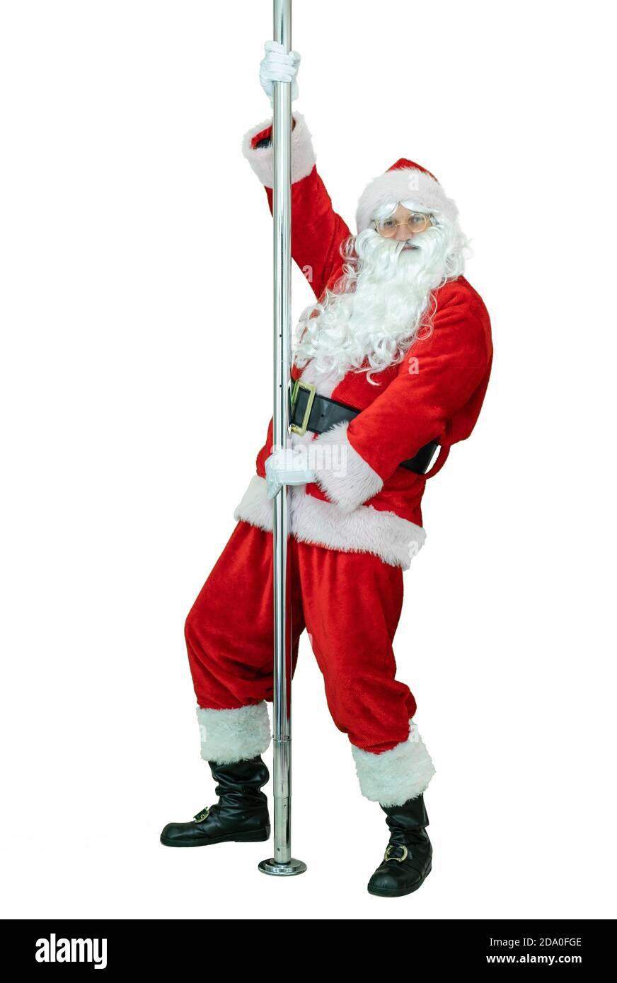 Depraved Santa ist Pole Dancer, tanzt mit Pylon. Lustvolle Santa Claus tanzt mit Stange auf weißem Hintergrund. Weihnachten steht bevor Stockfoto