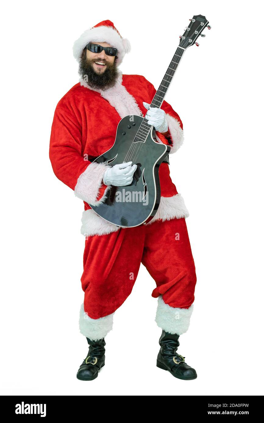 Santa spielt Gitarre, singt Lied. Santa Claus guitarist plaing akustische Gitarre, singen auf weißem Hintergrund. Weihnachten steht bevor Stockfoto