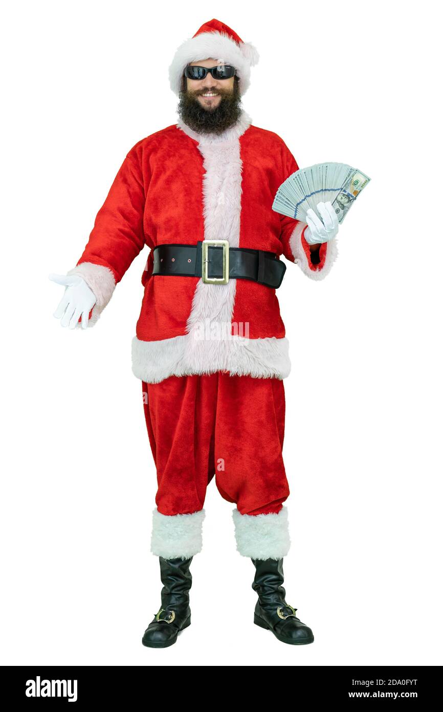 Santa hält Fan von Dollar Geldscheine. Der Weihnachtsmann hält Dollargeldscheine auf weißem Hintergrund. Weihnachten steht bevor Stockfoto