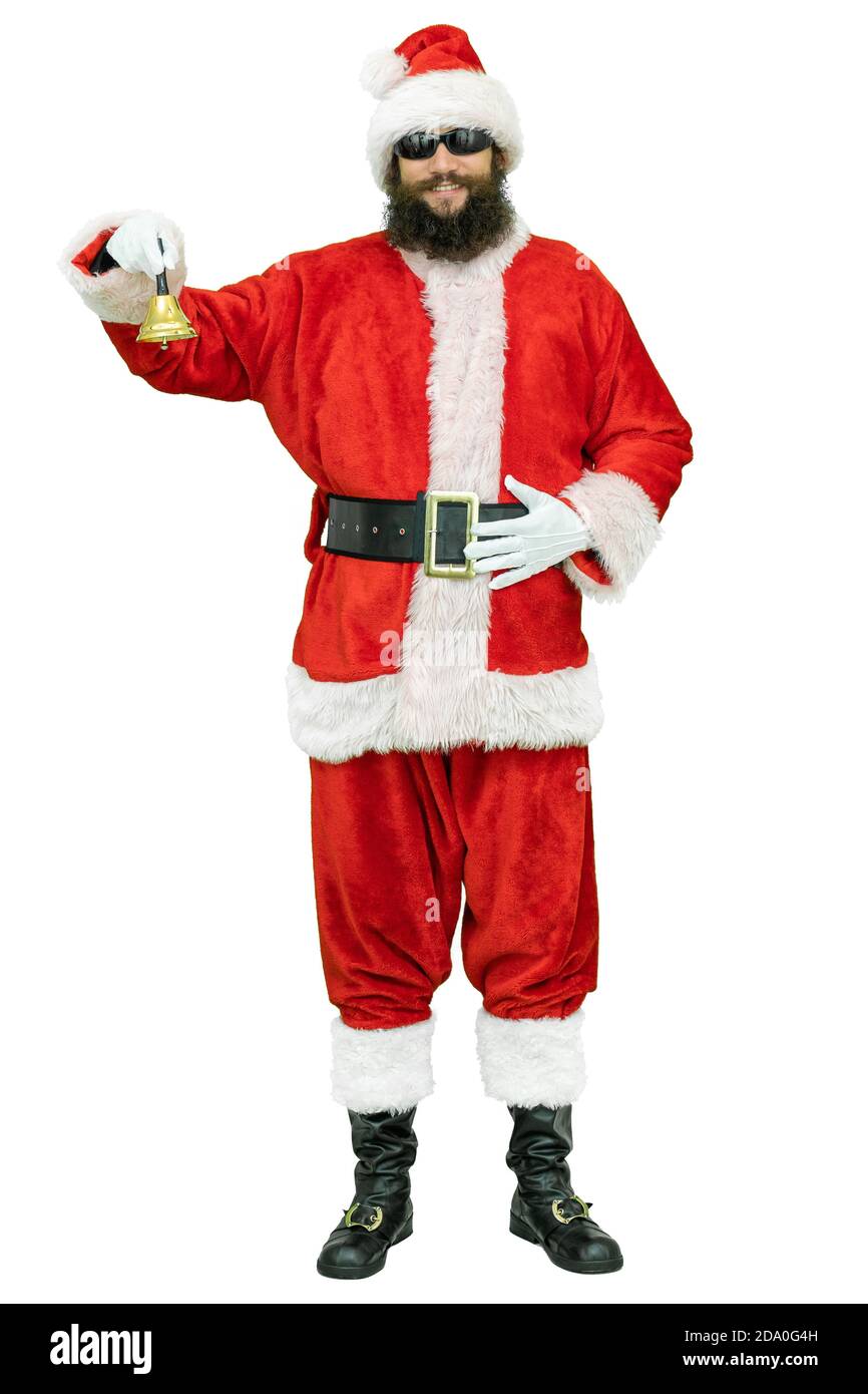 Arabischer Weihnachtsmann mit schwarzen Bartringen Glocke. Der Weihnachtsmann läutet Glocke auf weißem Hintergrund. Weihnachten steht bevor Stockfoto