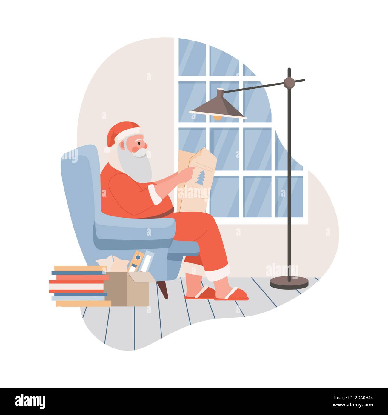 Weihnachtsmann sitzt im Sessel und Zeitung Vektor flache Illustration lesen. Weihnachtsmann, der sich vor Heiligabend oder nach den Neujahrsferien ausruhen kann. Frohes neues Jahr und frohe Weihnachten Charakter. Stock Vektor