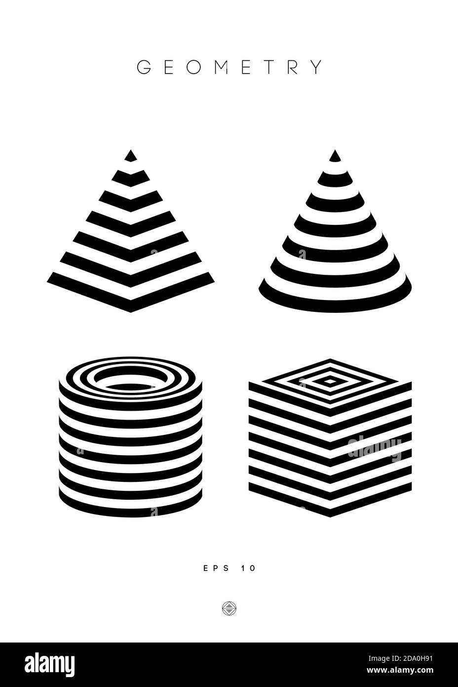 Optische Illusion Vektor Pyramide. Zylinder Streifen Hintergrund. Cube Logo optisch abstraktes Schwarz-Weiß-Liniendesign. Runde geometrische runde Form Stock Vektor