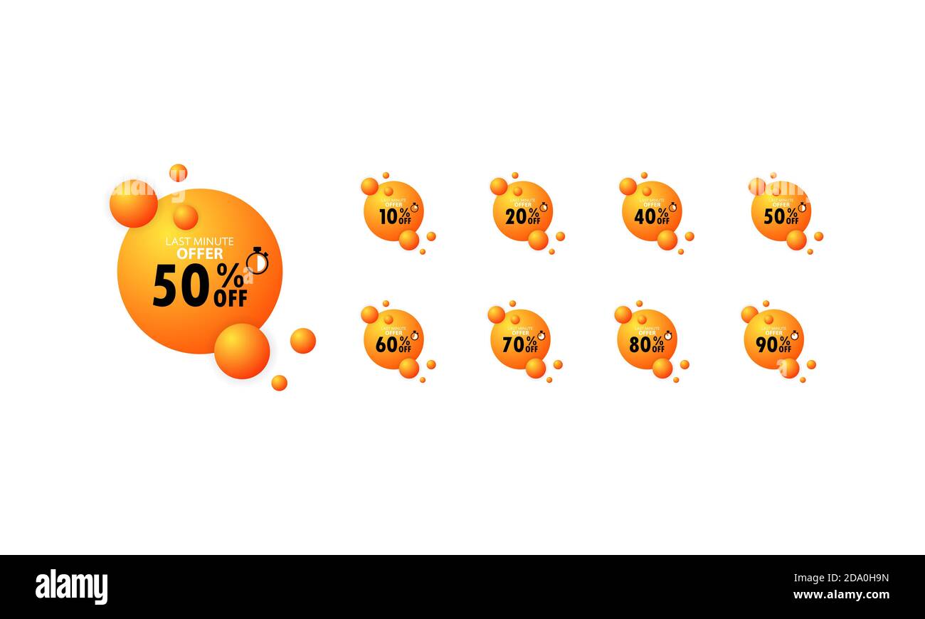 Last-Minute-Rabatt-Angebot Tag, 50, 20, 10, 40, 30, 60, 70, 80, 90 Prozent. Setzen Sie das Zeitemblem für den Verkauf aus. Last-Minute-Rabatt. Vektor auf isoliertem Weiß Stock Vektor
