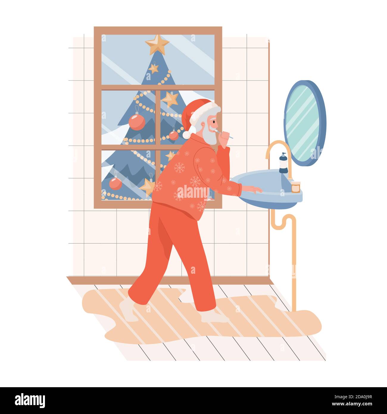 Santa Claus Reinigung Tooths in der Morgen Vektor flache Abbildung. Weihnachtsmann Vorbereitung auf die Weihnachtsferien. Lustige Weihnachten und Happy New Year Konzept für Einladungskarten oder Web-Design. Stock Vektor