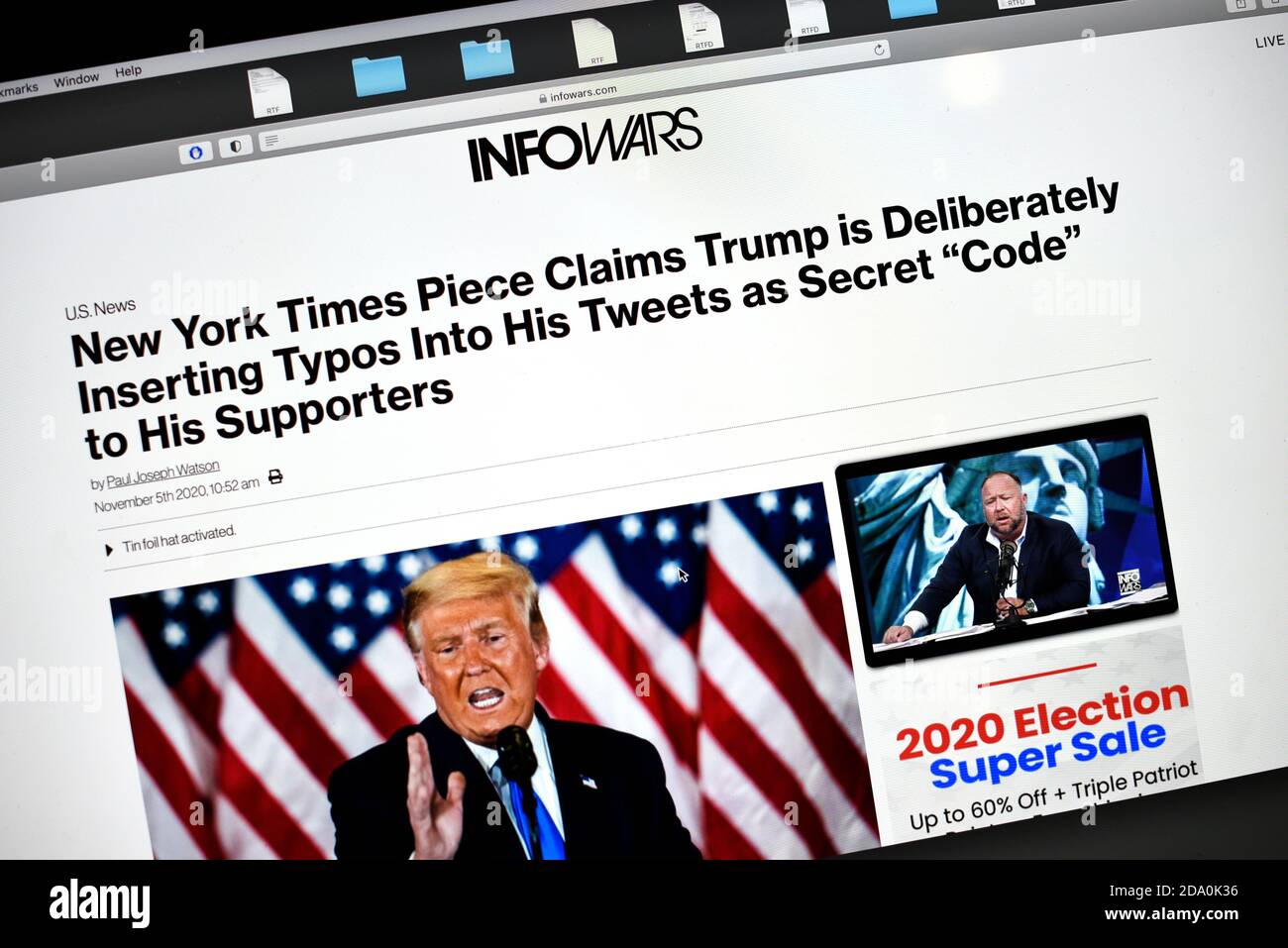 Ein Computer-Screenshot der InfoWars, eine Pro-Trump-amerikanische rechtsextreme Verschwörungstheorie und Fake News-Website von Alex Jones. Stockfoto