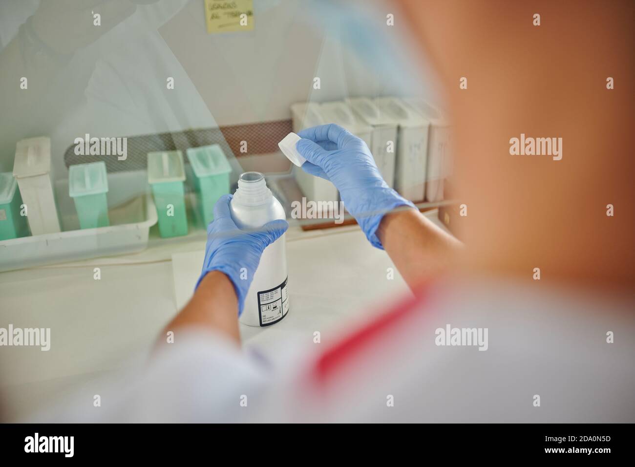Von oben Rückansicht der Ernte unkenntlich Arzt mit Kunststoffflasche mit Flüssigkeit in der Nähe von Behältern im Labor Stockfoto