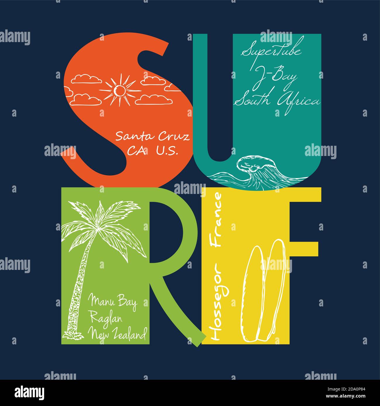 Surf Emblem mit von Hand gezogener Sonne, Welle, Handfläche und Surfbretter für Surfer T-Shirt. Vektorgrafik Design Stock Vektor