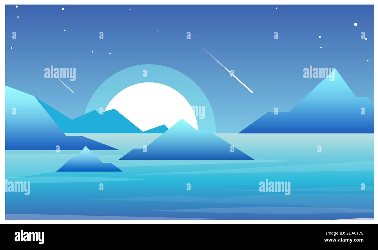 Vektor-Illustration der Nachtlandschaft mit See und Bergen in futuristischem Stil. Wunderschöne Mond- und Nachthimmellandschaft. Stock Vektor