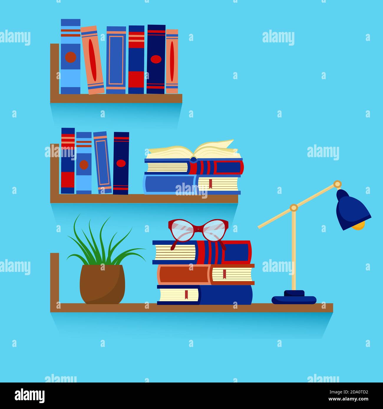 Set von Bücherregalen mit Stapeln von Büchern, Gläsern, Zimmerpflanzen und Tischlampe auf blauem Hintergrund. Bildung oder Buchhandlung Konzept. Vektor flach Stock Vektor