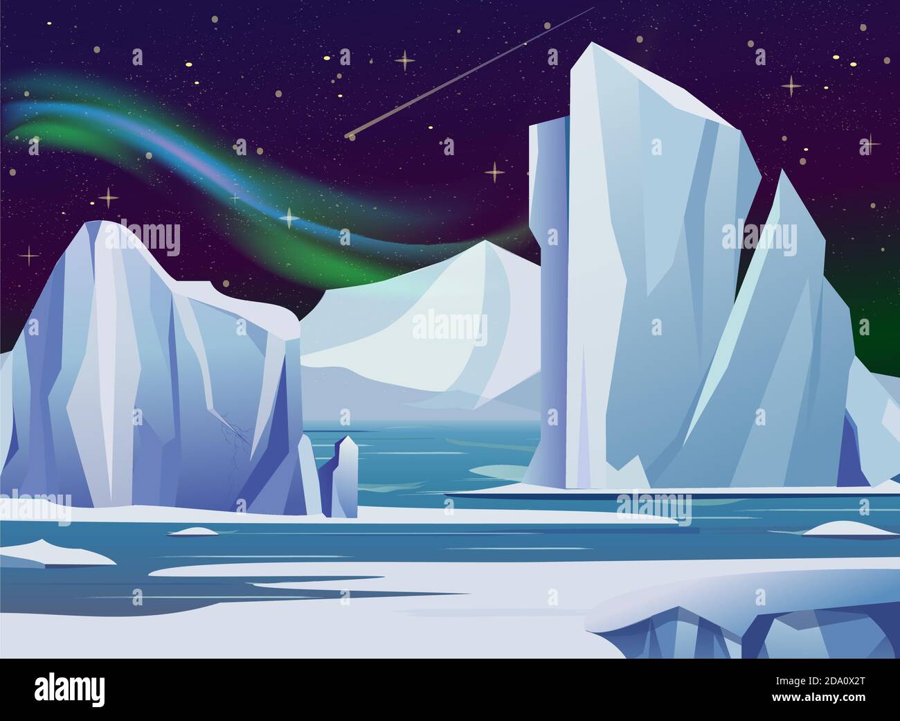 Vektor-Illustration arktische Nachtlandschaft mit, Eisberg und Bergen. Kaltes Klima Winter Hintergrund Polarlichter und Sterne. Stock Vektor