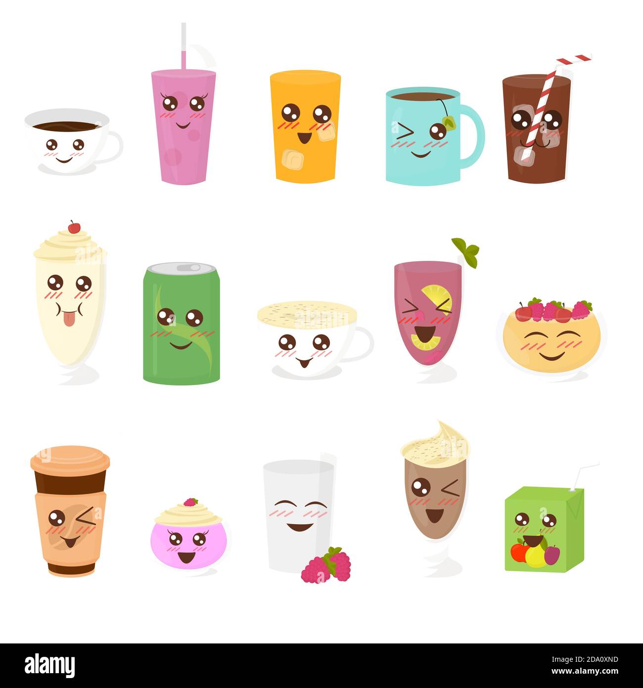 Vektor-Illustration Set von niedlichen Getränken in flachen Cartoon-Stil. Tasse Tee, heiße Schokolade, Latte, Kaffee, Smoothie, Saft, Milchshake, Limonade. Stock Vektor