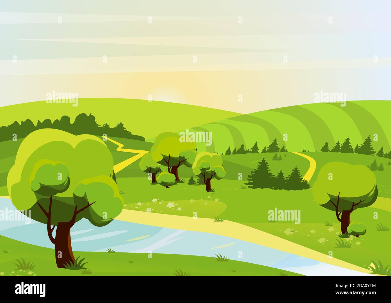 Cartoon flachen Stil Vektor Illustration von Landschaft mit Wäldern, Hügeln, Feldern, Fluss und Wanderwege. Blick auf Frühling oder Sommer. Stock Vektor