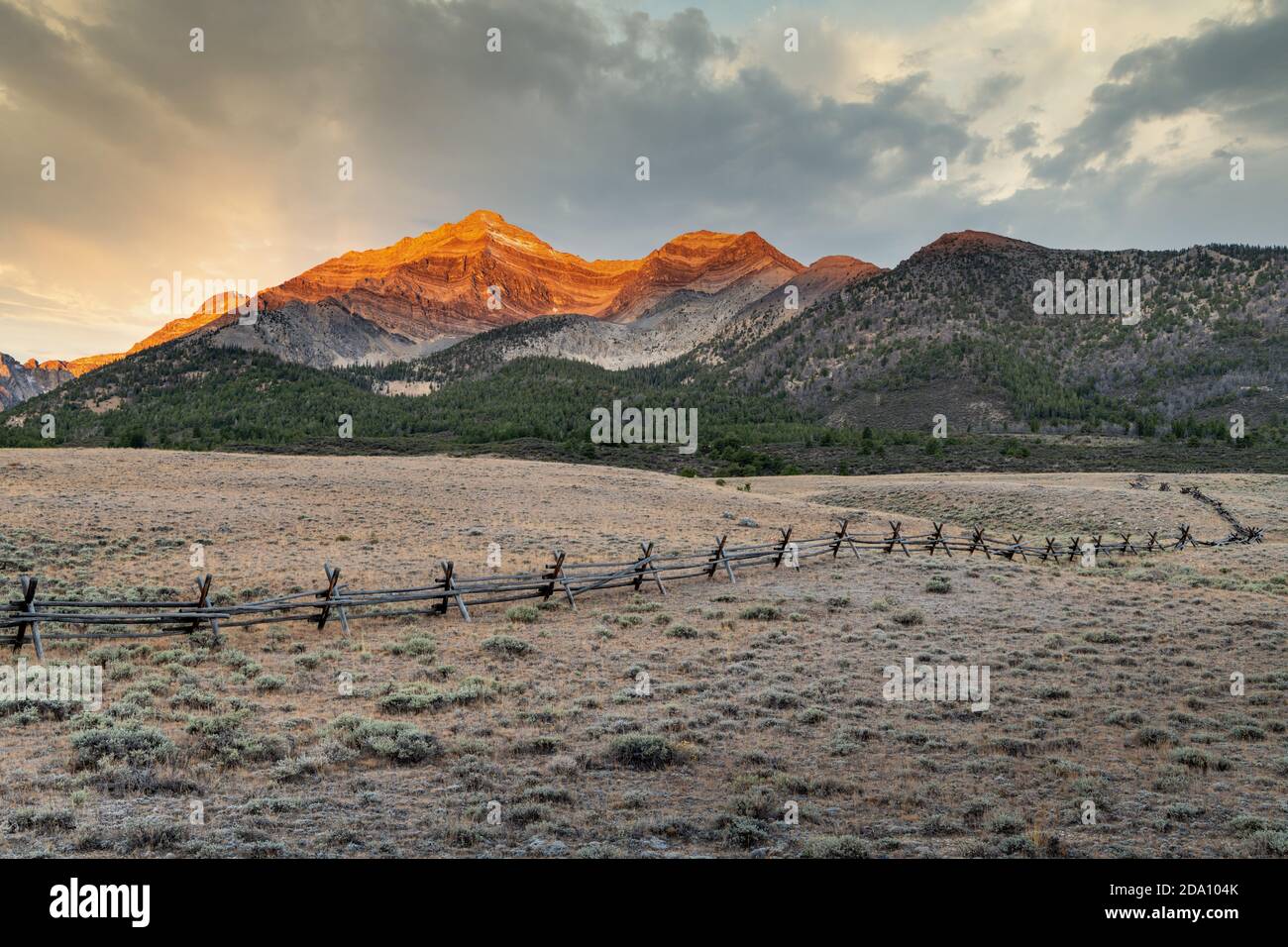 Alpen Glow trifft die Spitze der Berggipfel in Idaho Stockfoto
