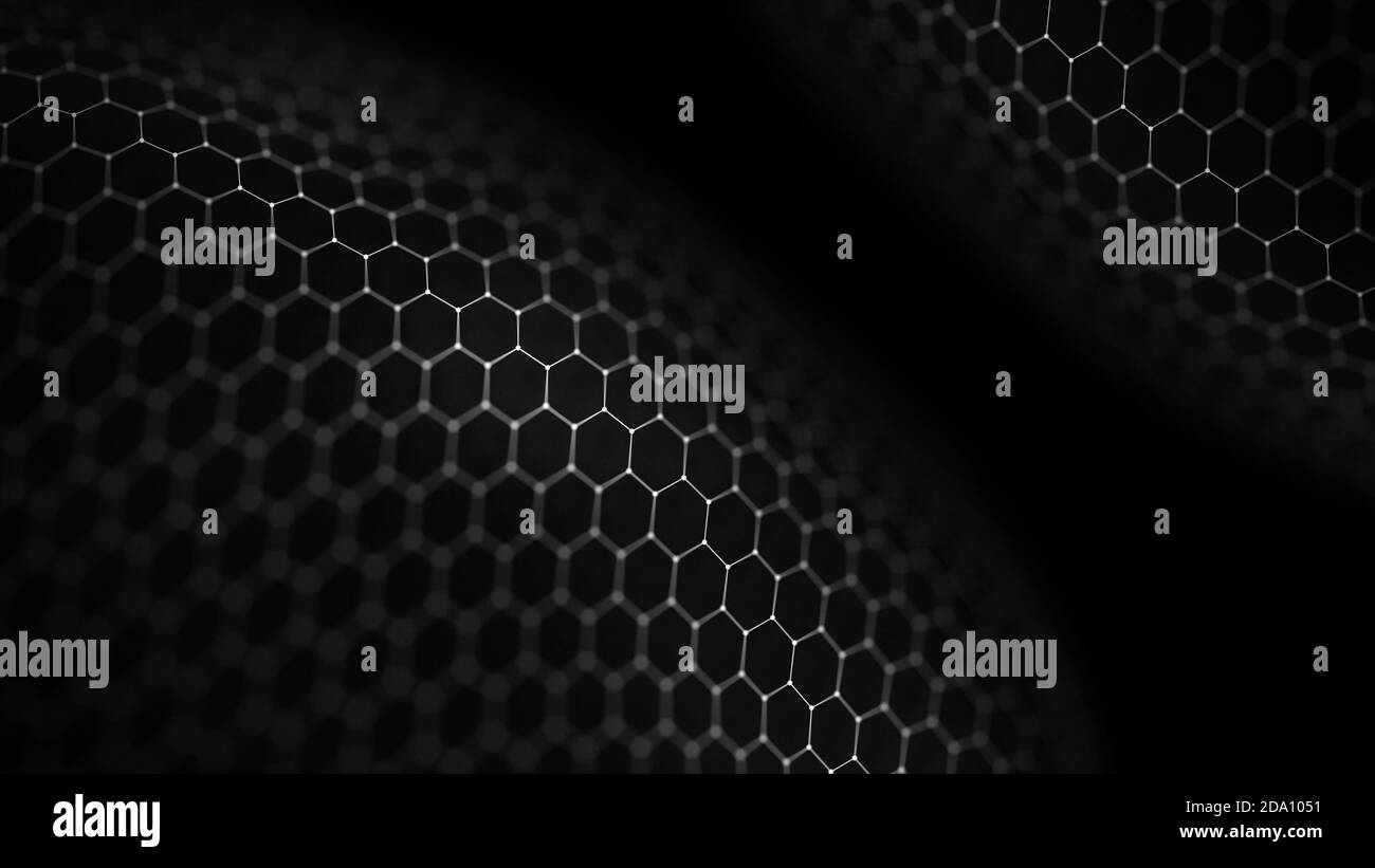 Netzwerkverbindung Konzept schwarzer Hintergrund Abbildung. Futuristische hexagon Perspektive Weitwinkel Landschaft. Futuristische Wabe Konzept. 3d Stockfoto