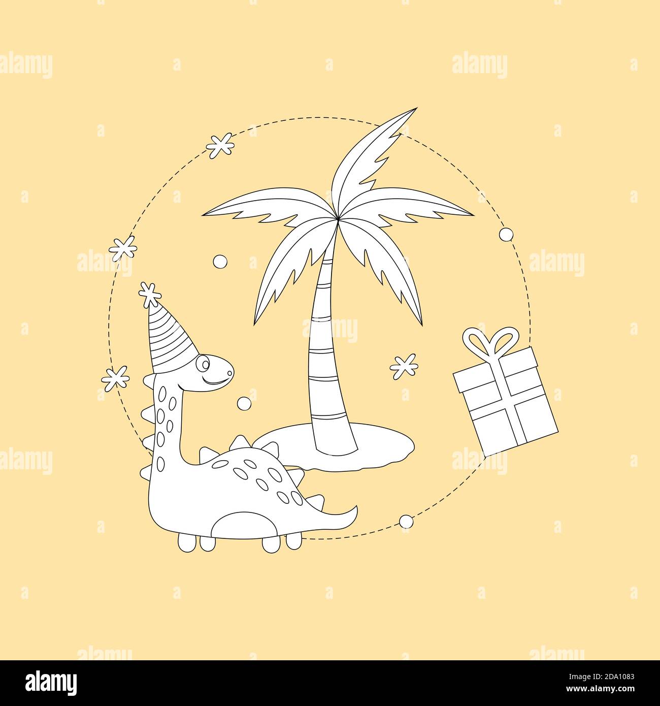 Skizzieren niedlichen Dinosaurier mit Geschenk in der Nähe der Palme, isoliert auf gelbem Hintergrund. Kinderkonzept. Vektorgrafik flach. Stock Vektor