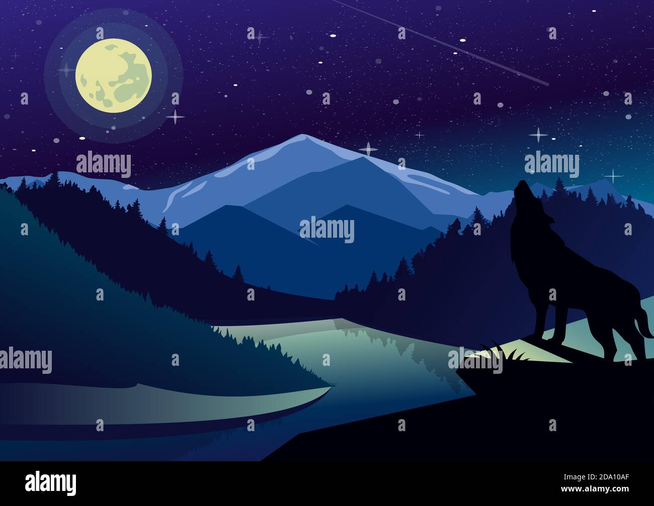 Vektor-Landschaftsdarstellung mit Bergen und Wäldern in der Nacht. Wolf auf der Spitze des Berges heulend auf den Mond auf dem Hintergrund der Flussblick Stock Vektor