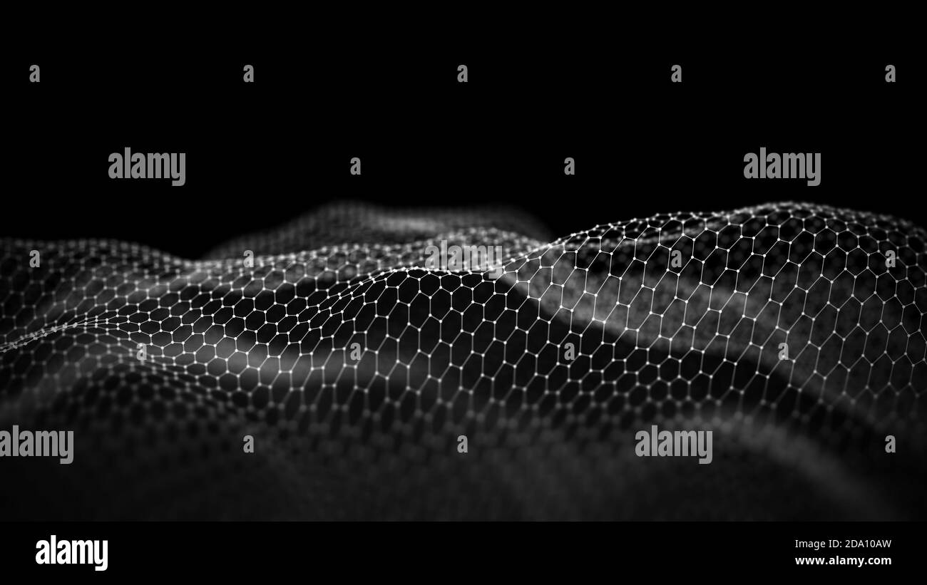 Netzwerkverbindung Konzept schwarzer Hintergrund Abbildung. Futuristische hexagon Perspektive Weitwinkel Landschaft. Futuristische Wabe Konzept. 3d Stockfoto