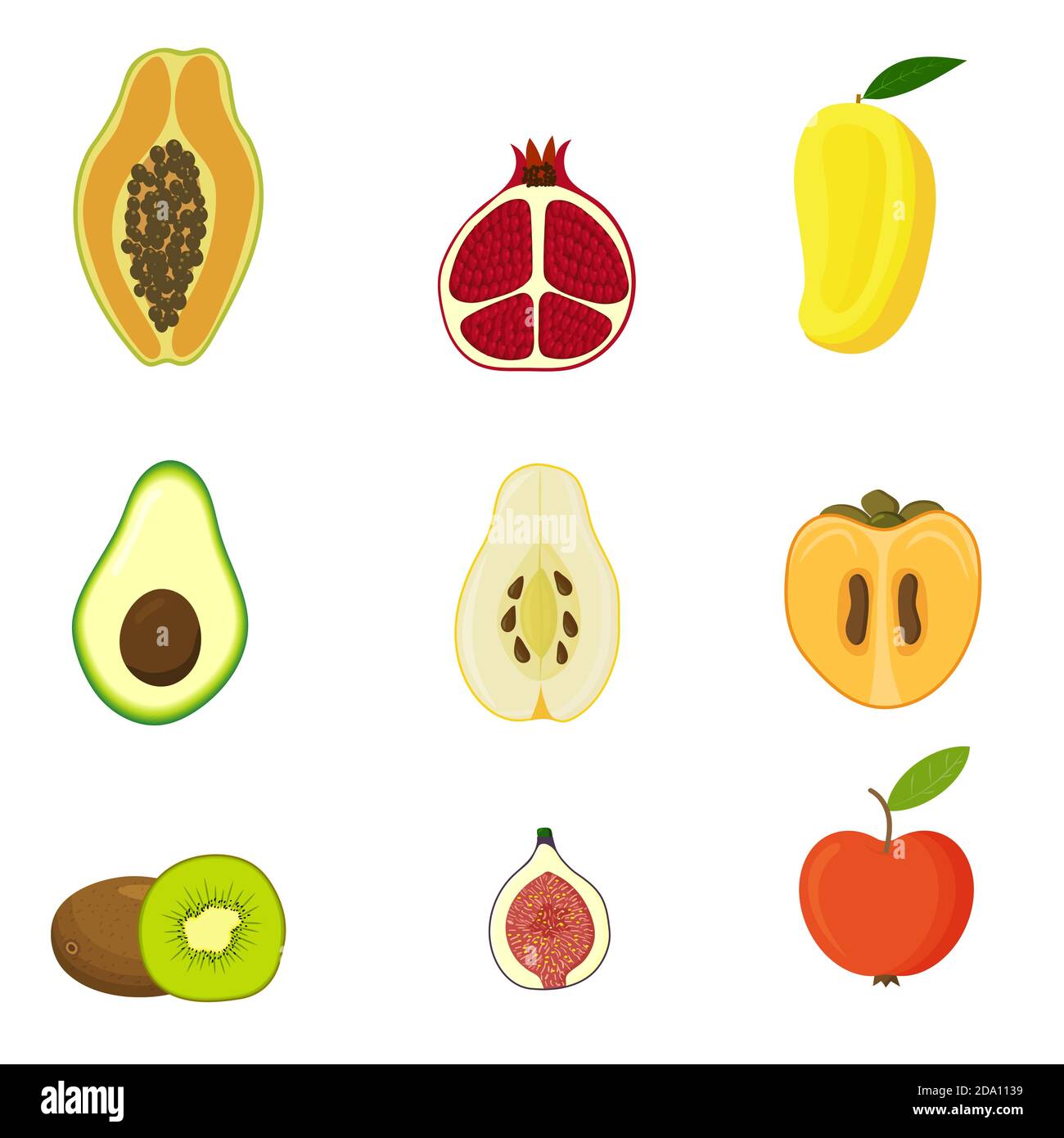 Früchte sind Apfel, Papaya, Mango, Avocado, Granatapfel, Feige, Kiwi, Quitte, Kakimmon. Cute helle Farben der Früchte Vektor-Kollektionen, flach Stock Vektor