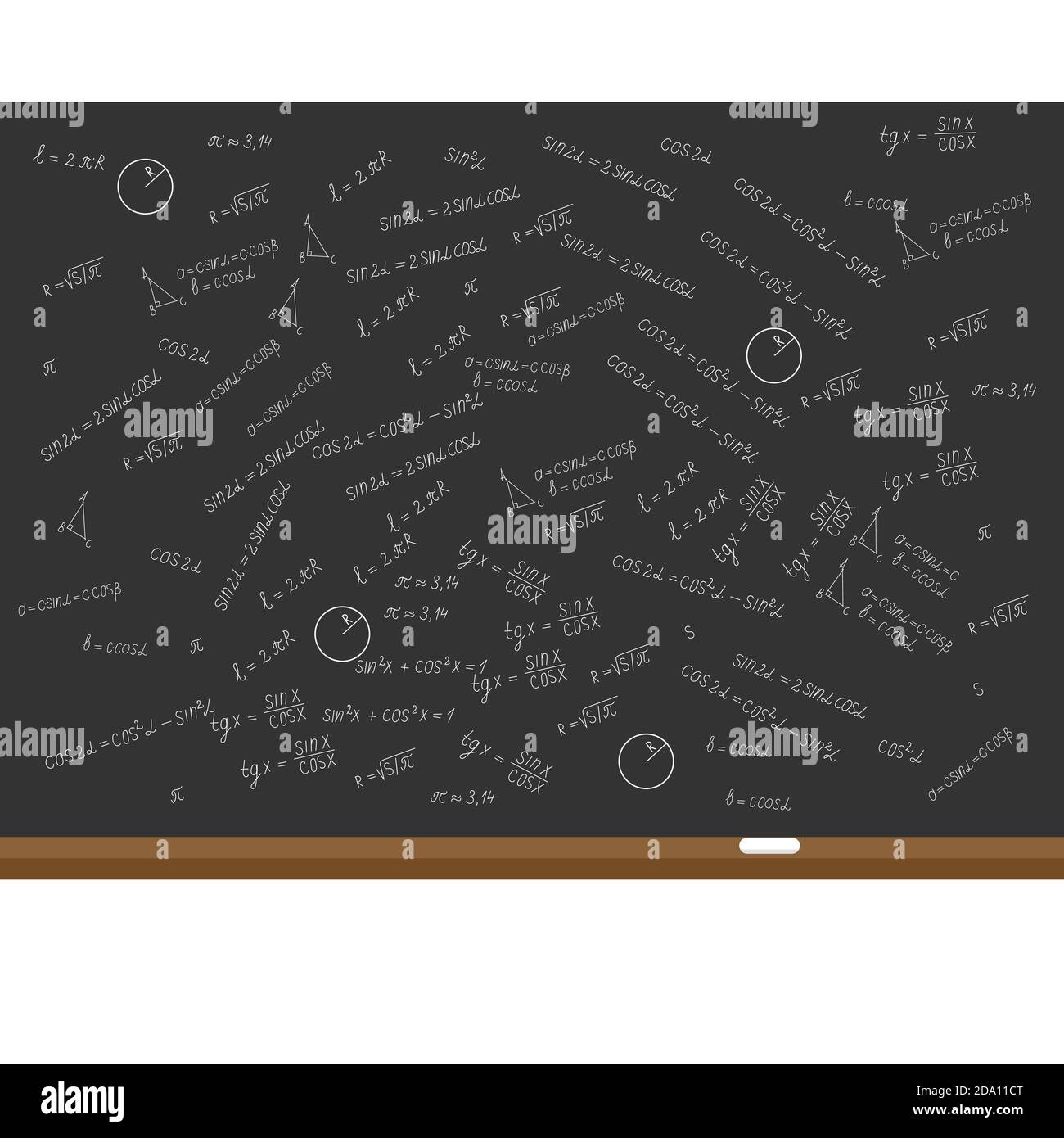 Mathematik, Geometrie Hintergrund. Formeln, Formen, Sinus, Kosinus auf schwarzem Schulbrett. Bildungskonzept. Vektorgrafik flach. Stock Vektor Mathematik, Geometrie Hintergrund. Formeln, Formen, Sinus, Kosinus auf schwarzem Schulbrett. Bildungskonzept. Vektorgrafik flach. Stock Vektor