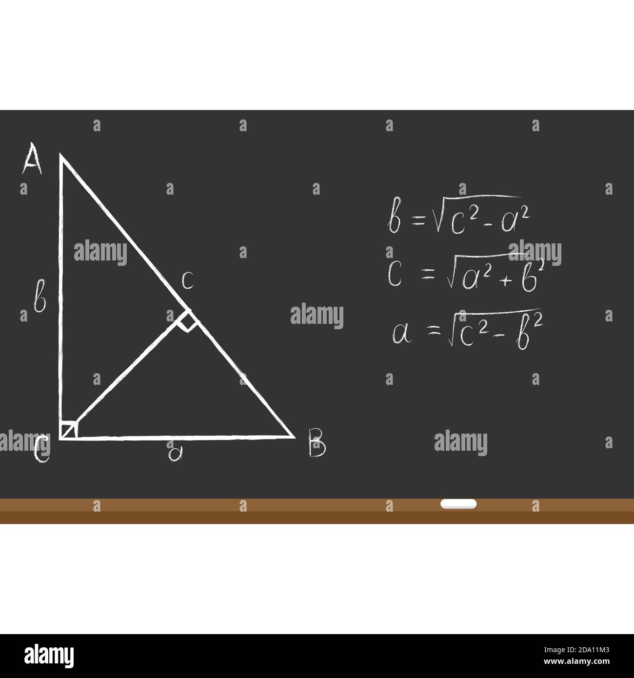 Pythagoras Satz auf schwarzem Schulbrett. Wissen, Bildung, Studium Konzept. Vektorgrafik flach. Stock Vektor