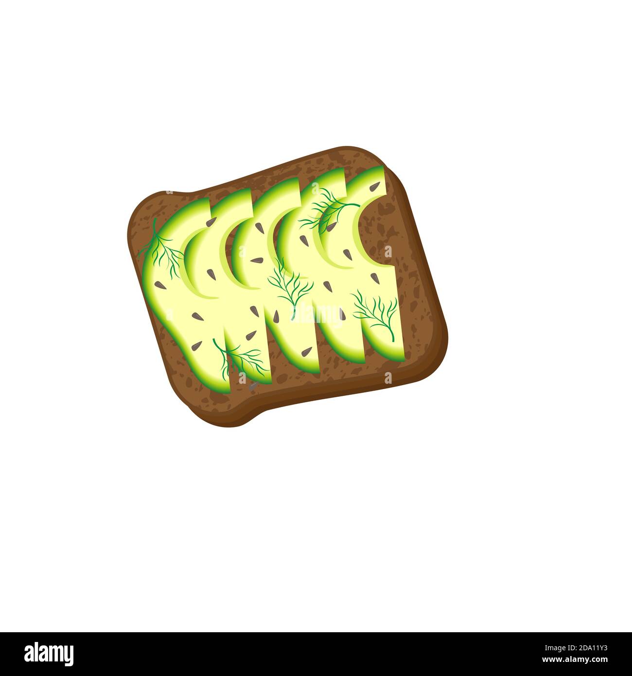 Avocado Toast. Sandwich mit Brot, Avocado, Dill und Sesam, isoliert auf weißem Hintergrund. Bio gesunde Lebensmittel. Vektorgrafik Cartoon-Illustration. Stock Vektor