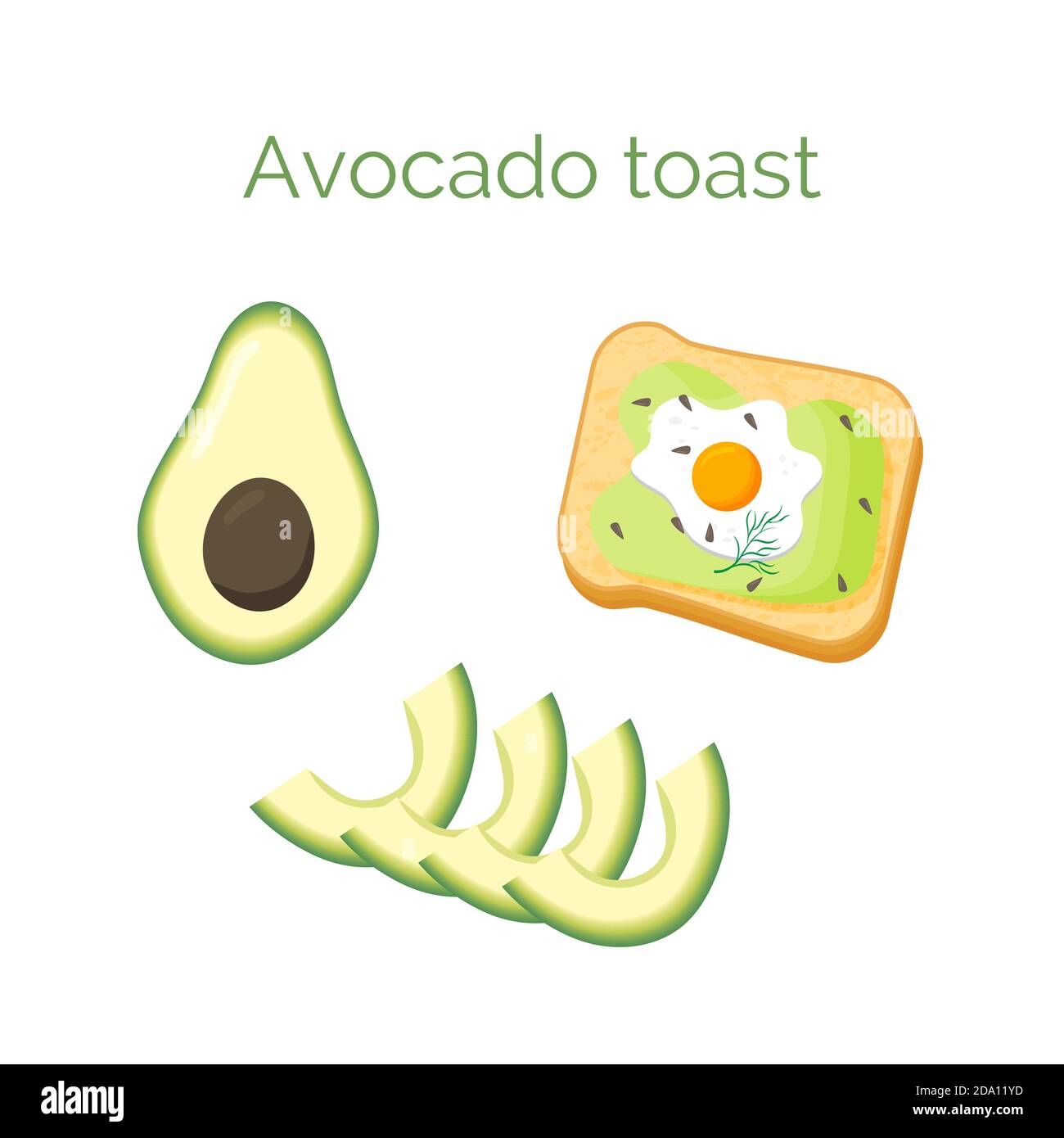 Avocado Toast. Sandwich mit Brot, Avocado, Ei, Dill und Sesam, isoliert auf weißem Hintergrund. Bio gesunde Lebensmittel. Vektorgrafik Stock Vektor