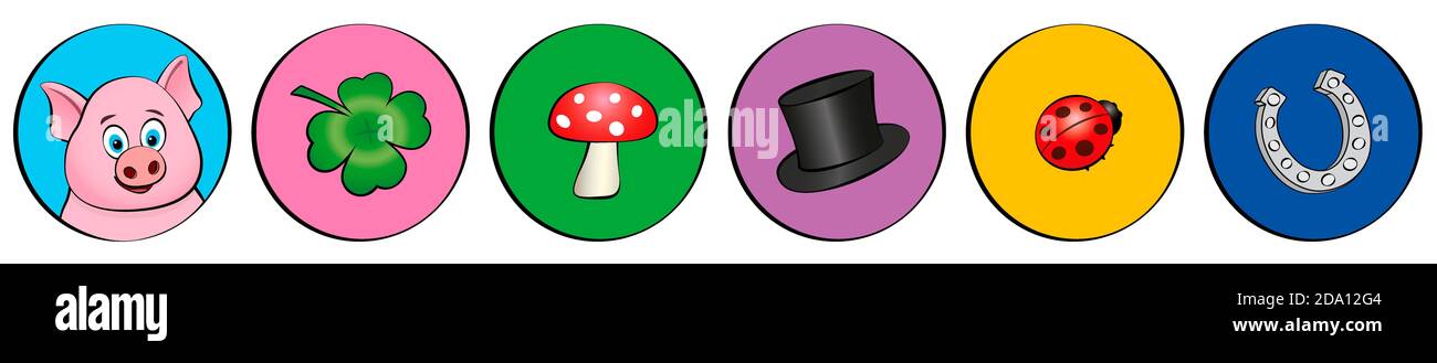 Glückssymbole für Silvester. Glücksschwein, Kleeblatt, Marienkäfer, Hufeisen, Krötenstuhl und Zylinder in runden Rahmen - Abbildung auf weißem Hintergrund. Stockfoto