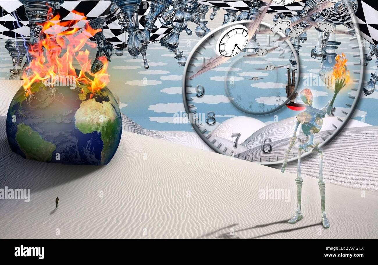 Brennender Globus, Figur des Menschen in der Ferne. Alien hält Flamme in seiner Hand. Spirale der Zeit und geflügelte Uhren stellen den Fluss der Zeit dar. 3D-Rendering Stockfoto