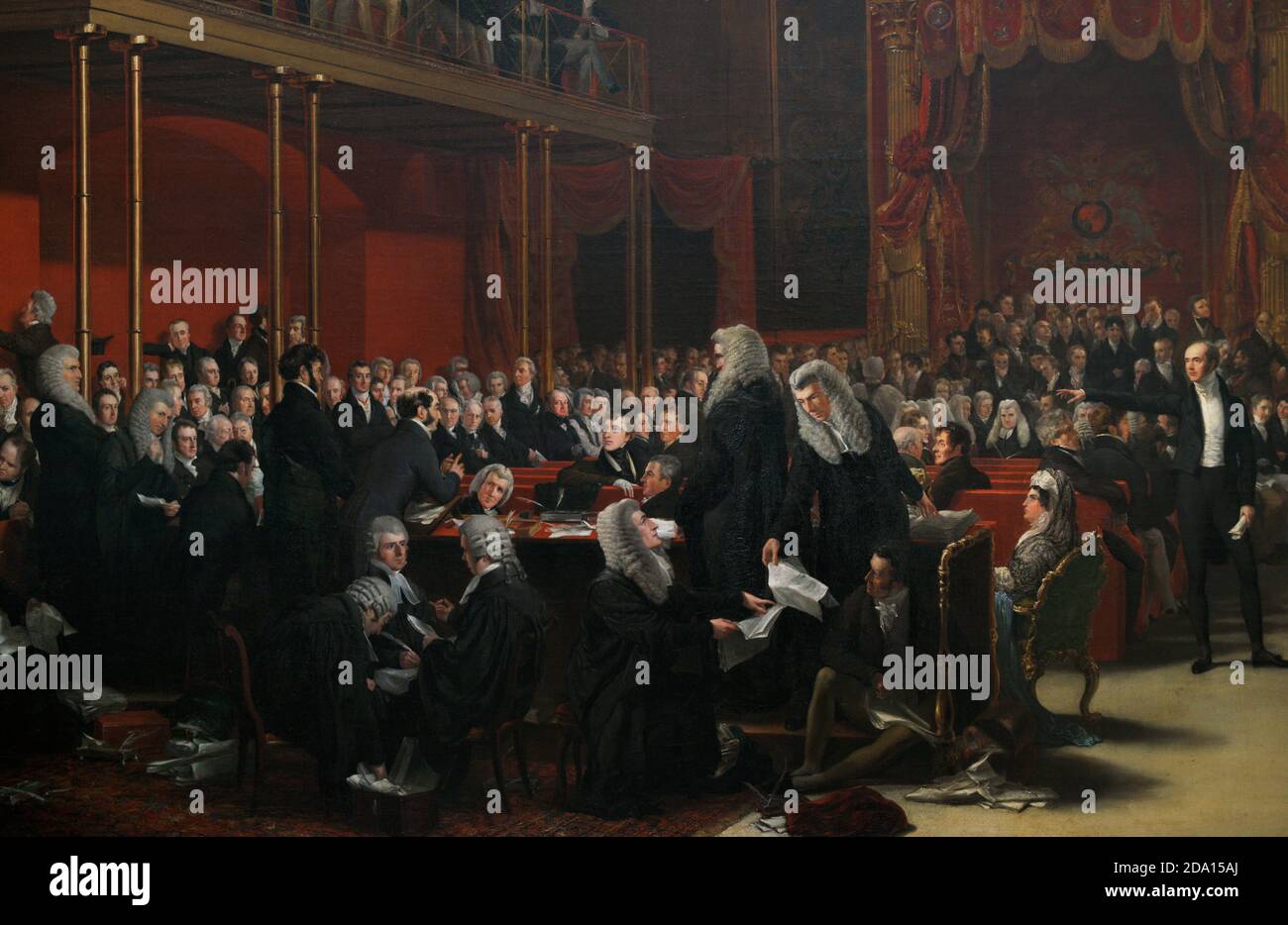 Das Haus der Herren, 1820. Der Prozess gegen Königin Caroline. Gemälde von Sir George Hayter (1792-1871). Öl auf Leinwand, 1820-1823. Details. Porträtiert: Königin Caroline (1768-1821), sitzend; Theodore Mayocchi; Arthur Wellesley (1769-1852), 1. Herzog von Wellington; Thomas Denman (1779-1854), 1. Baron Denman; Henry Brougham (1778-1868), 1. Baron Brougham und Vaux; Charles Grey (1764-1845), 2. Earl Grey (stehend, Zeigefinger). National Portrait Gallery. London, England, Vereinigtes Königreich. Stockfoto