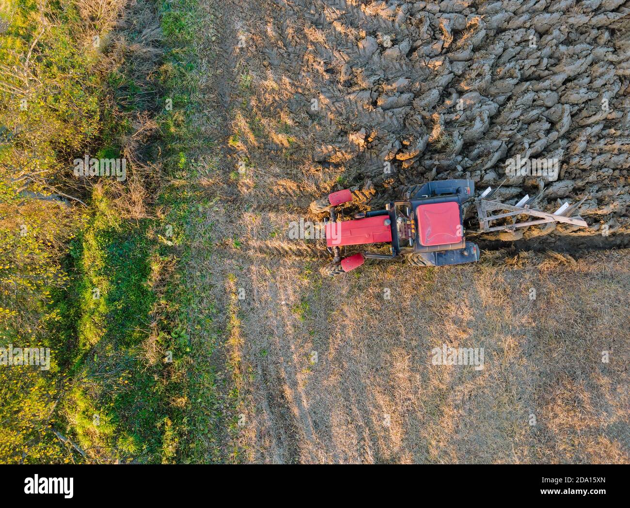 Luftaufnahme der roten Traktor Pflügefeld im Herbst am Abend bei Sonnenuntergang. Stockfoto