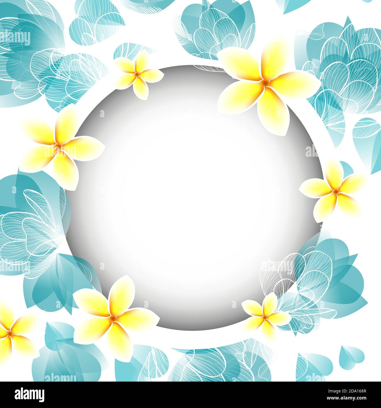 Runder Rahmen mit zarten blauen und gelben Blüten. Vektorgrafik Stock Vektor