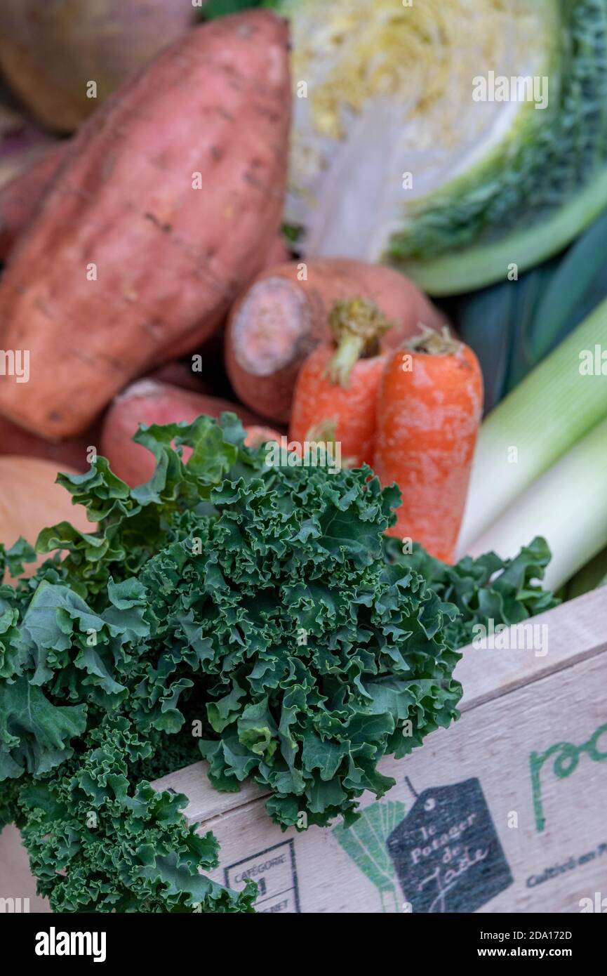 Frische Kohl und Yams oder Süßkartoffeln sind in einem Gemüsehändler-Geschäft in cowes auf der Insel wight erhältlich. Stockfoto