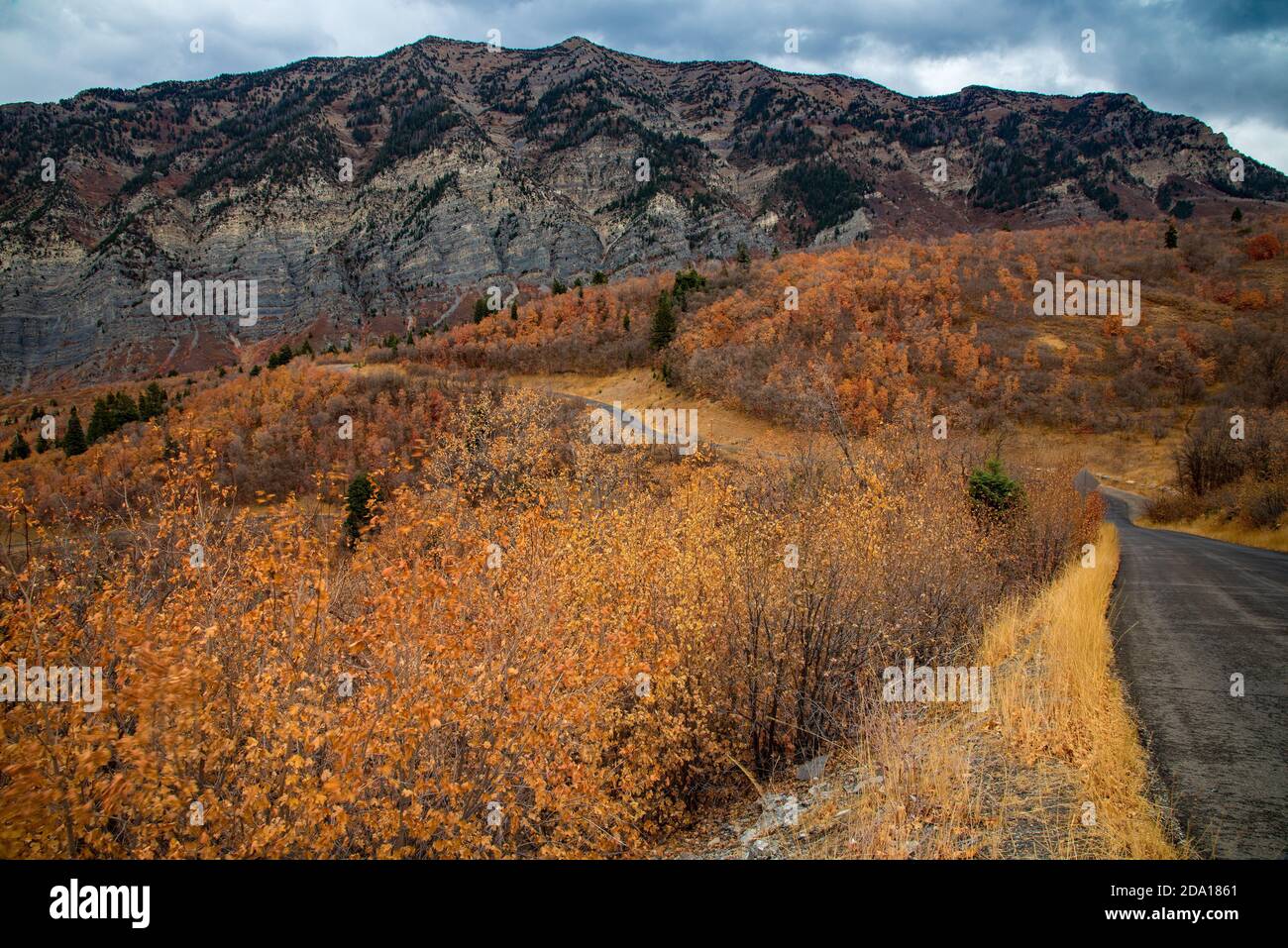 Die hohen Granitgipfel und Klippen im Norden Utahs, USA, sind im Herbst spektakulär. Die Bergstraße bietet endlose Panoramablicke auf die Bergkette. Stockfoto