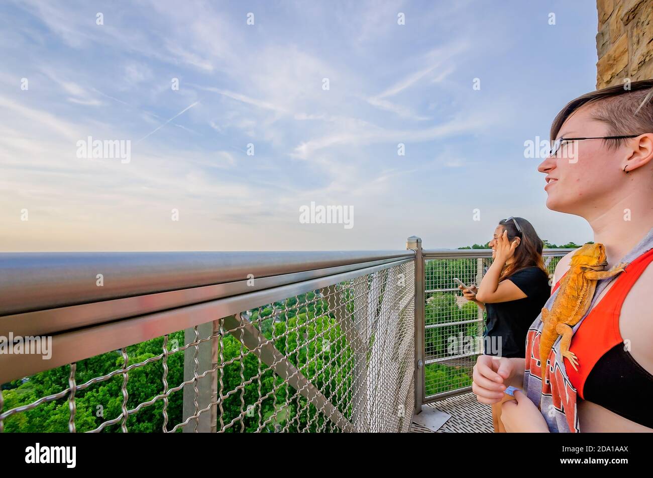 Eine Frau hält ihren bärtigen Drachen, während sie auf der Aussichtsplattform der Vulcan-Statue im Vulcan Park am 19. Juli 2015 in Birmingham, Alabama, steht. Stockfoto