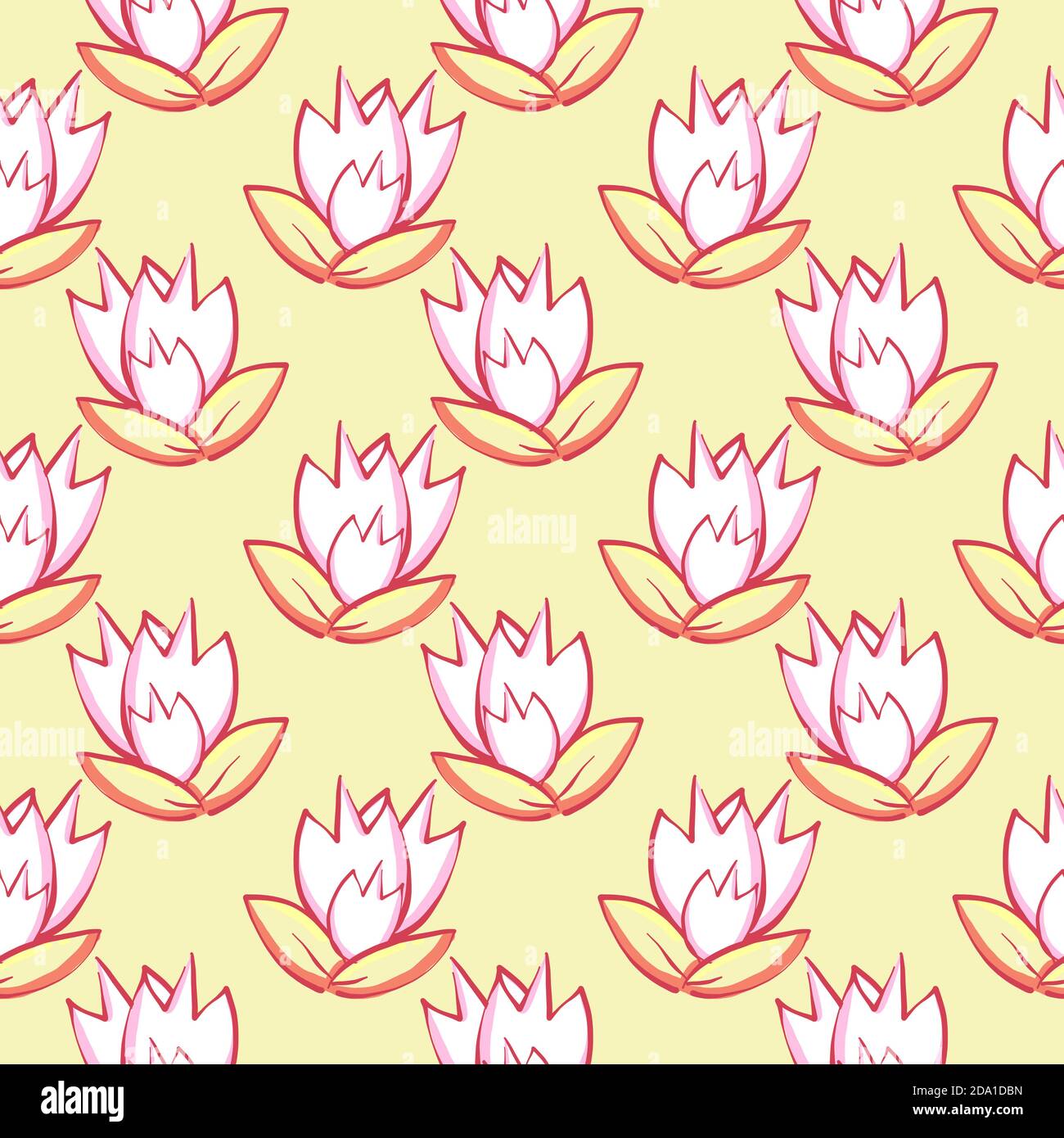 Lotusblume, nahtloses Muster auf gelbem Hintergrund. Stock Vektor