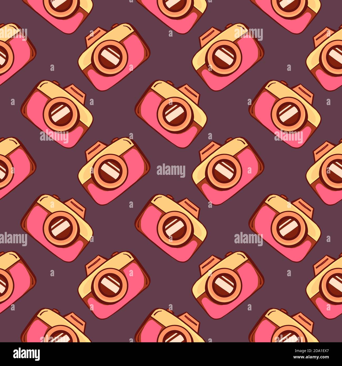 Alte Kamera, nahtloses Muster auf einem dunkelvioletten Hintergrund. Stock Vektor
