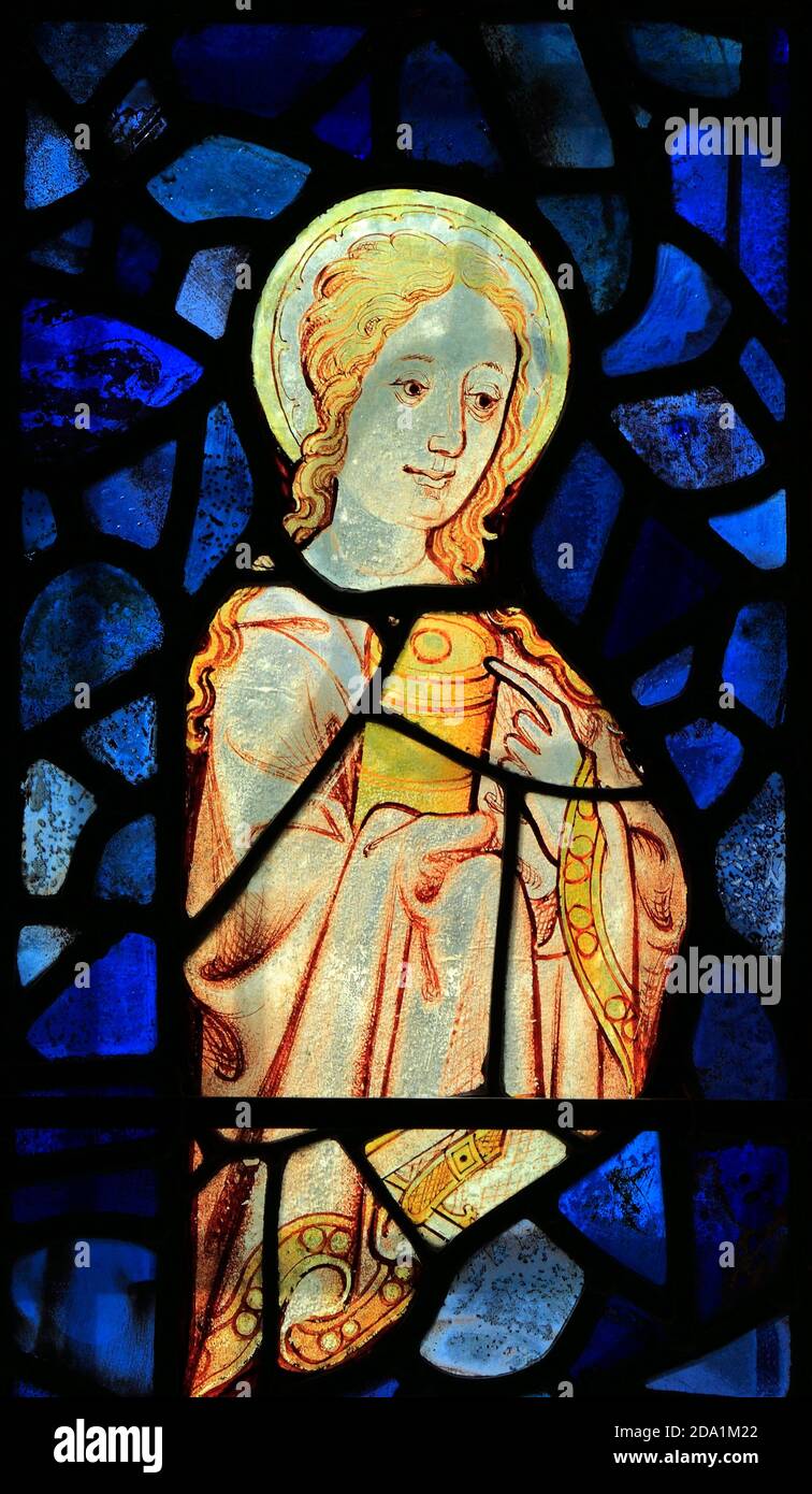 St. Maria Magdalena, hält Glas Salbe, mittelalterliche, Glasmalerei, Fenster, Burnham Deepdale, Norfolk, England Stockfoto