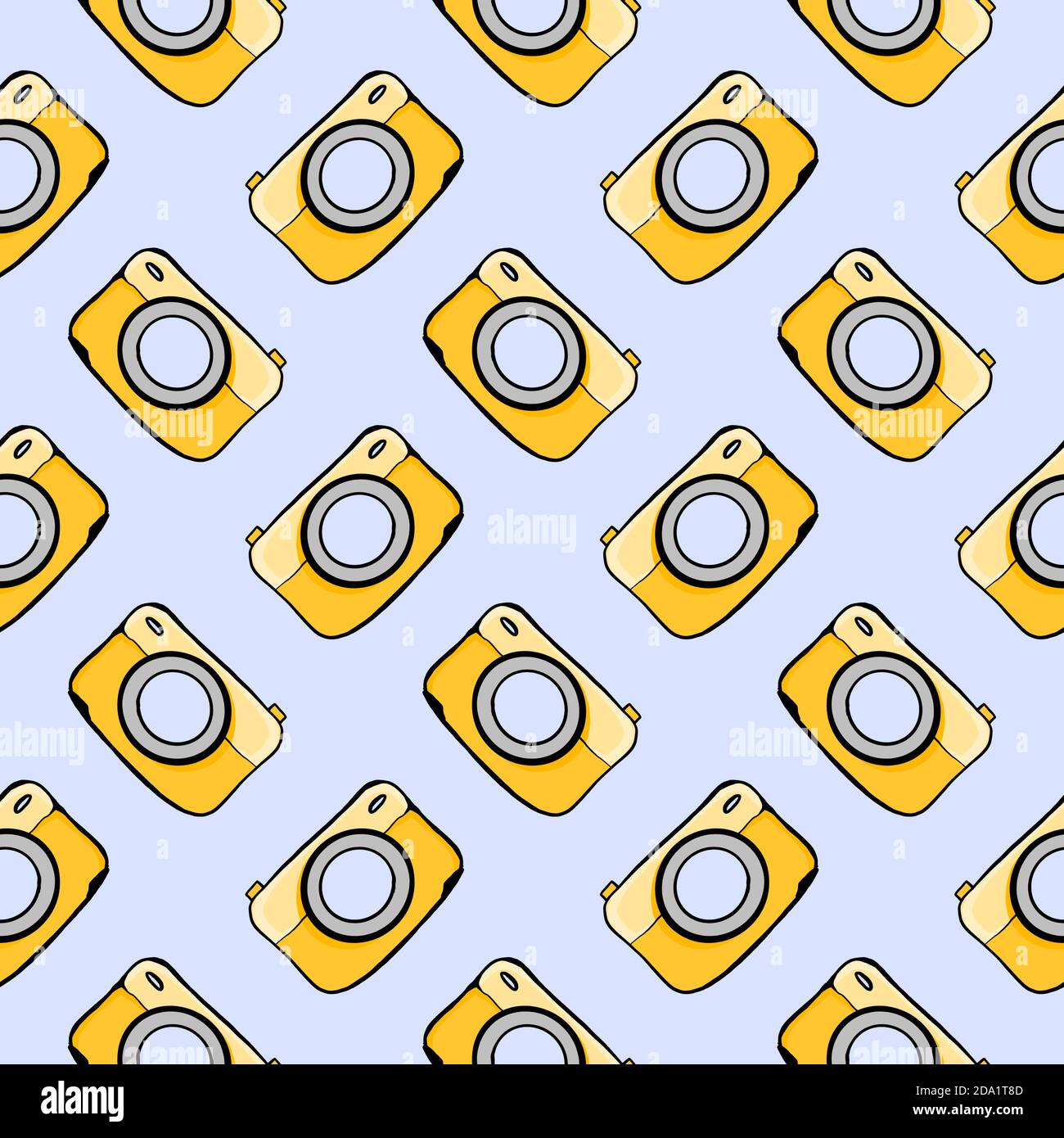 Gelbe Kamera , nahtlose Muster auf einem grauen Hintergrund. Stock Vektor