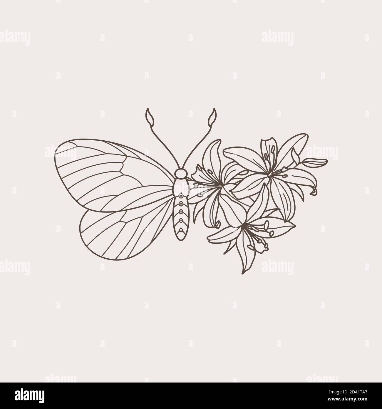 Florale Schmetterling-Ikone in einem Linear minimalistischen trendigen Stil. Vektor Umriss Emblem der Flügel mit Blumen Stock Vektor