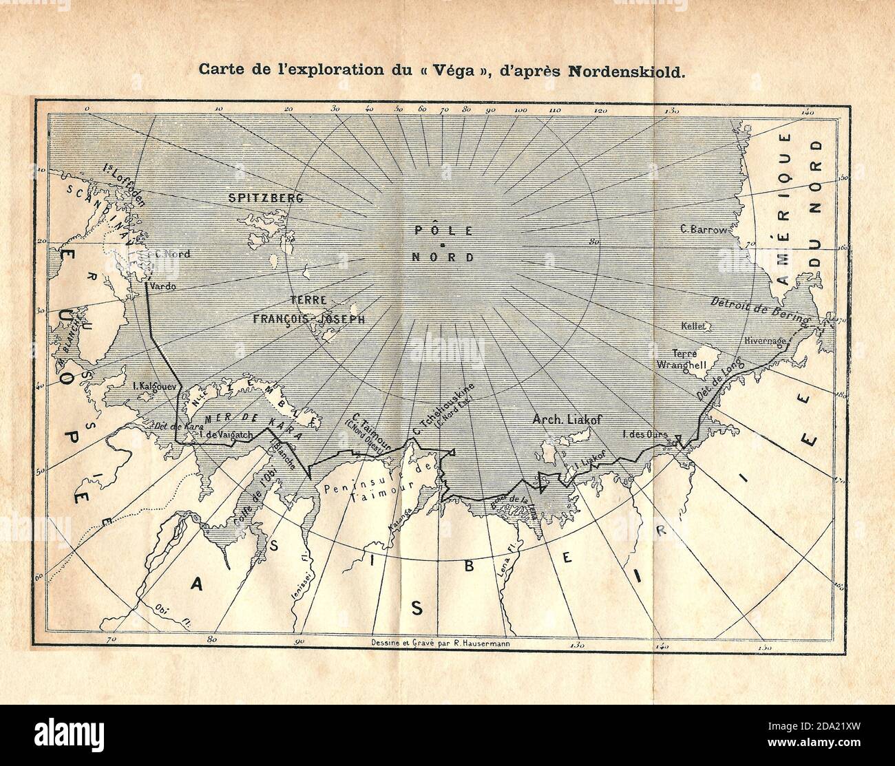 1878 Ca, SCHWEDEN : der schwedische Arktisforscher, Geologe, Mineralogist Baron ADOLF ERIK von NORDENSKIOLD ( Freiherr Nordenskiöld , 1832 - 1901 ). Erkundungsanlage des Bootes VEGA am Nordpol ( 1878 - 1879 ). - SVEZIA - FINLANDIA - FINNLAND - FINNISCH - ESPLORATION - EXPLORATIONS - ESPLORAZIONE ARTIDE - NORDPOL - POLO NORD - ESPLORATORE - MINERALOGIE - MINERALOGIA - GEOLOGO - GEOLOGIE - GEOLOGIA - GRAVUR - GEOGRAFIA - GEOGRAFIE --- ARCHIVIO GBB Stockfoto