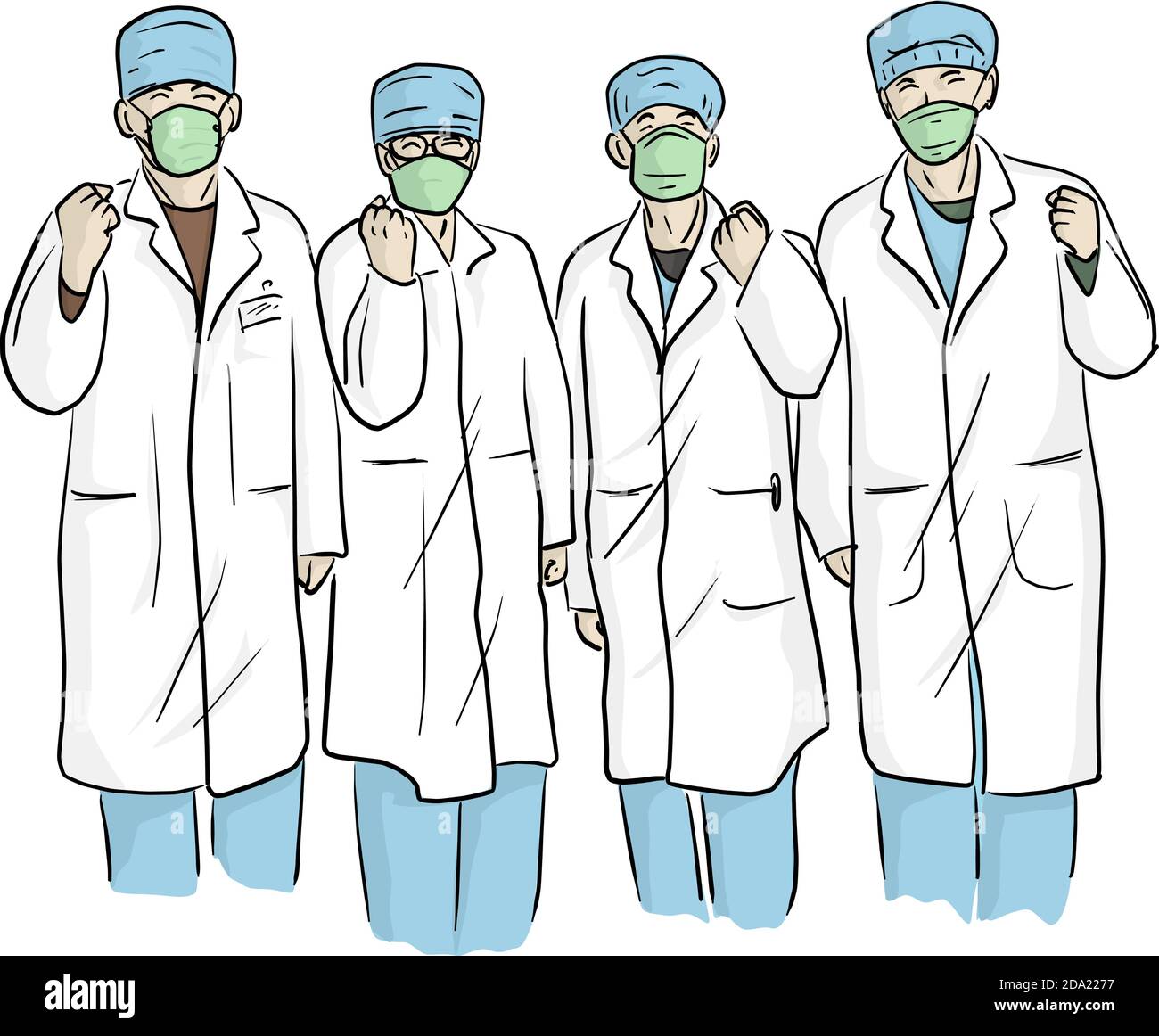 Vier Arzt in medizinischer Kleidung mit Fäusten für den Kampf gegen Covid-19 Oder Coronavirus Vektor Illustration Skizze Doodle Hand gezeichnet isoliert auf Weißer Hintergrund Stock Vektor