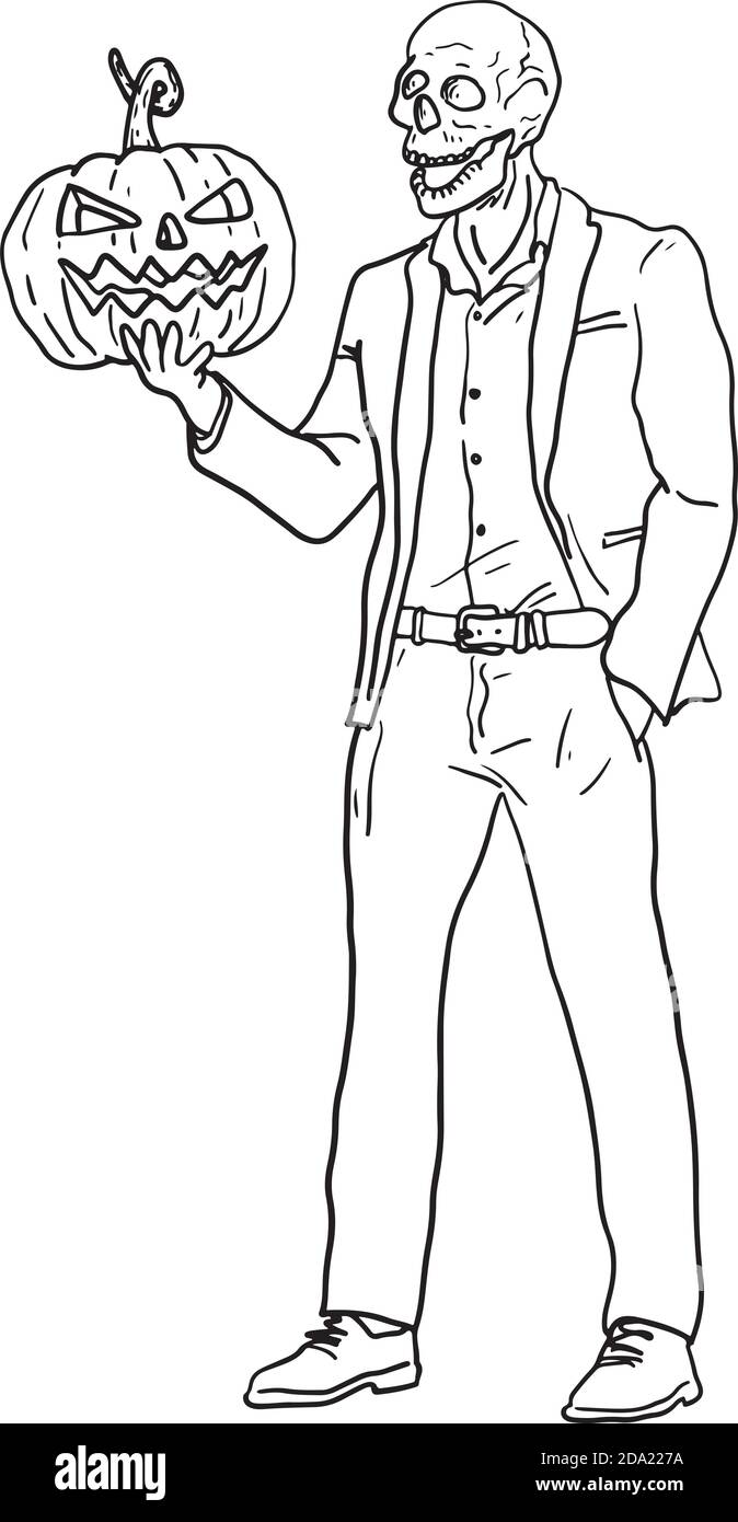 Geschäftsmann mit Schädel hält Halloween Kürbis Vektor Illustration Skizze Doodle Handgezeichnet mit schwarzen Linien isoliert auf weißem Hintergrund Stock Vektor