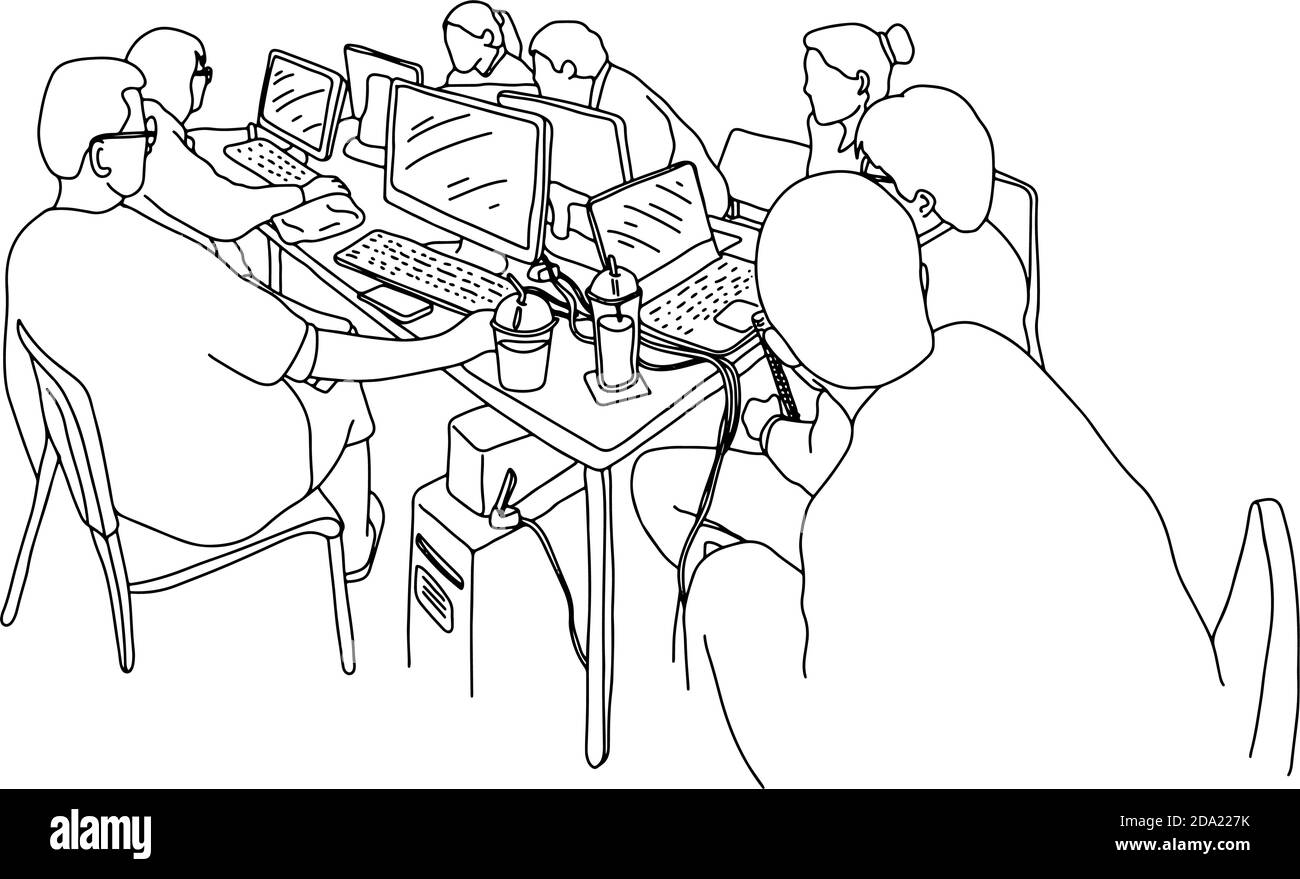 Geschäftsleute mit Vorstandssitzung mit Laptop auf dem Tisch Vektor Illustration Skizze Doodle Hand gezeichnet mit schwarzen Linien isoliert auf Weißer Hintergrund Stock Vektor