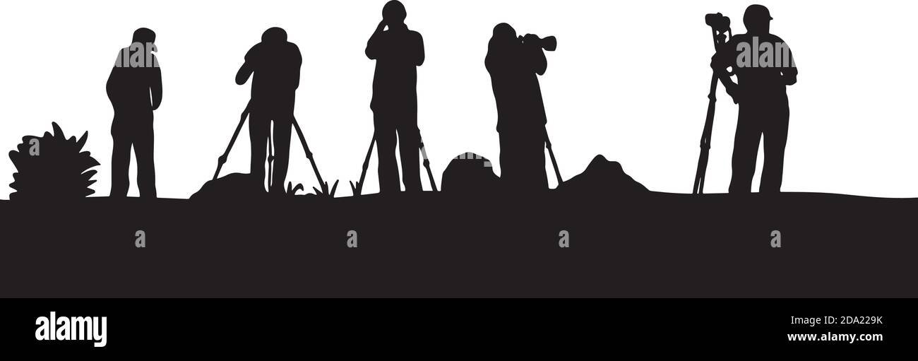 Silhouette fünf Fotograf Aufnahme von Foto aus der Rückansicht Vektor Illustration Skizze Doodle Hand gezeichnet mit schwarzen Linien isoliert auf Weißer Hintergrund Stock Vektor