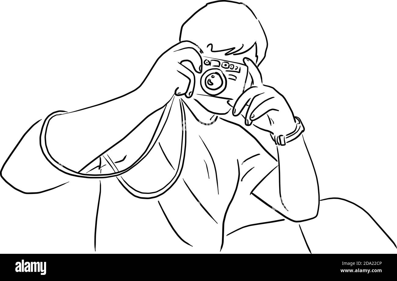 Mann mit einer Kamera, um eine Foto-Vektor-Illustration Skizze Doodle Hand gezeichnet mit schwarzen Linien isoliert auf weiß Hintergrund Stock Vektor