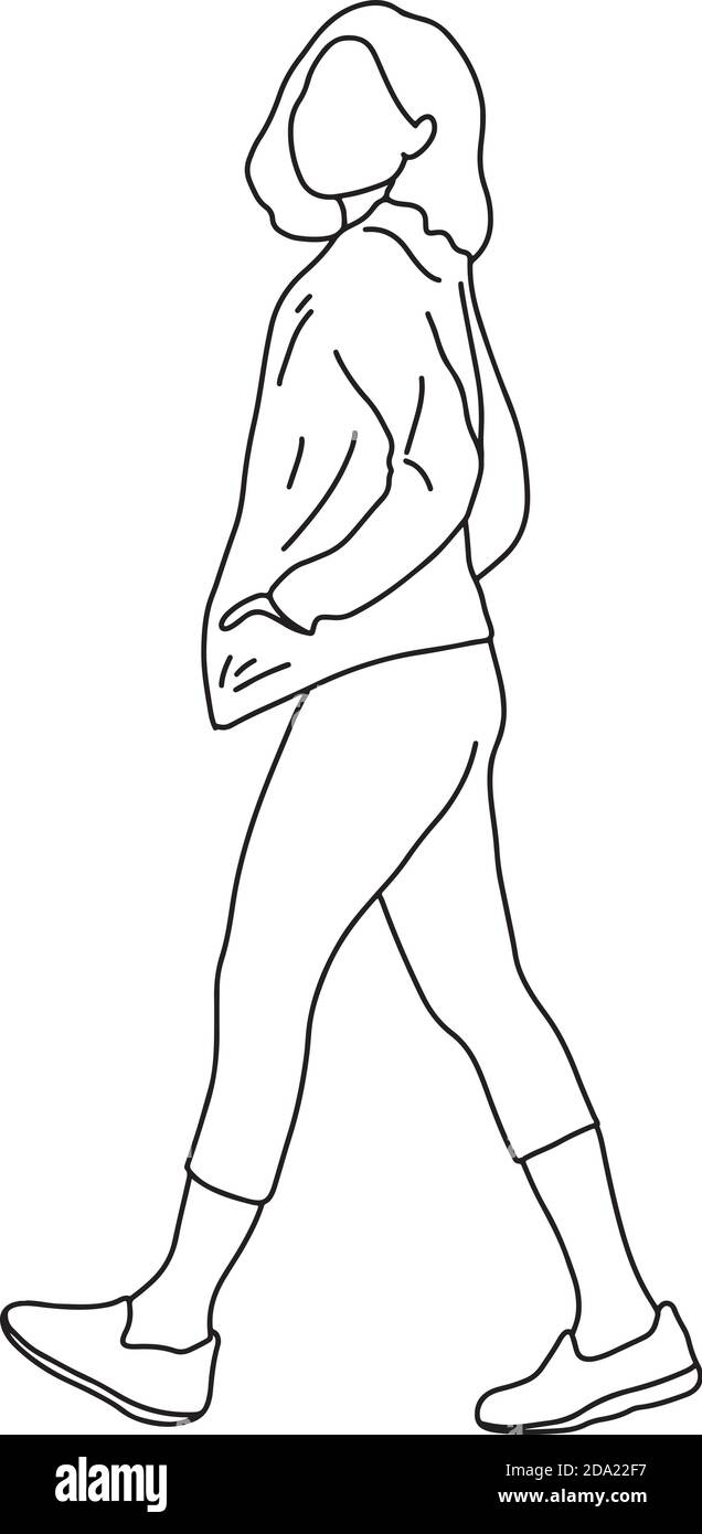 Volle Länge der Frau zu Fuß von rechts nach links Vektor Illustration Skizze Doodle Hand gezeichnet mit schwarzen Linien isoliert auf Weißer Hintergrund Stock Vektor