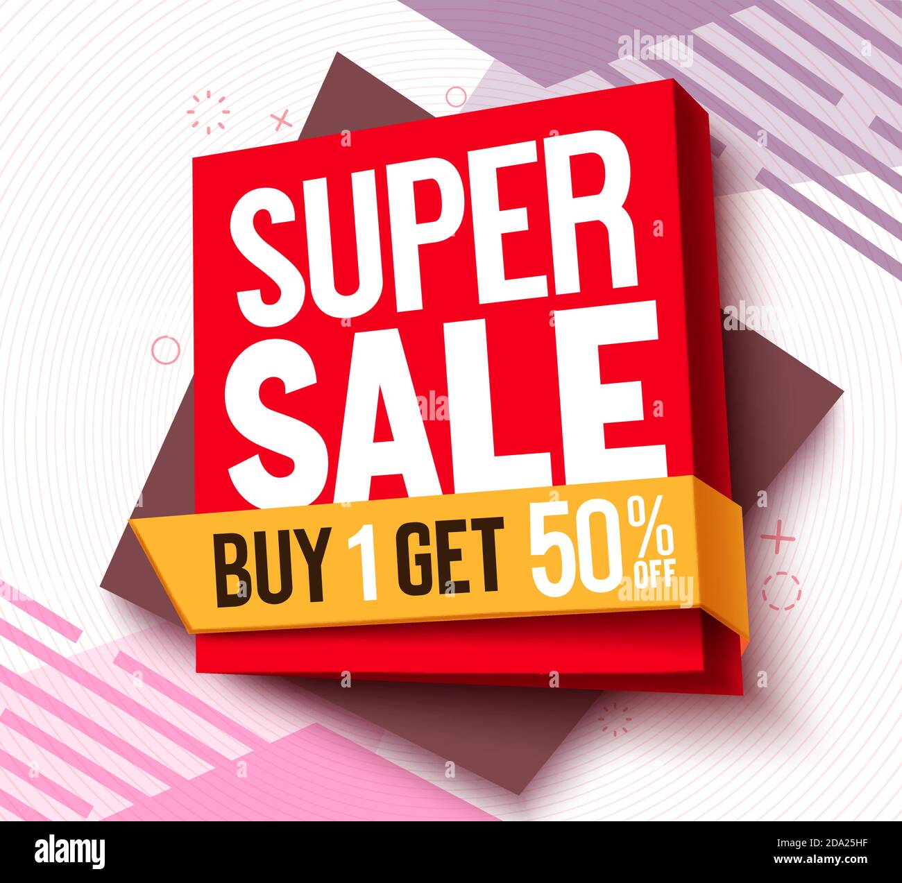 Super Verkauf Vektor Banner Design. Kaufen Sie 1, erhalten Sie 50 % Rabatt auf den Text für das Angebot im 3d-Hintergrund für eine begrenzte Werbeaktion. Vektorgrafik. Stock Vektor