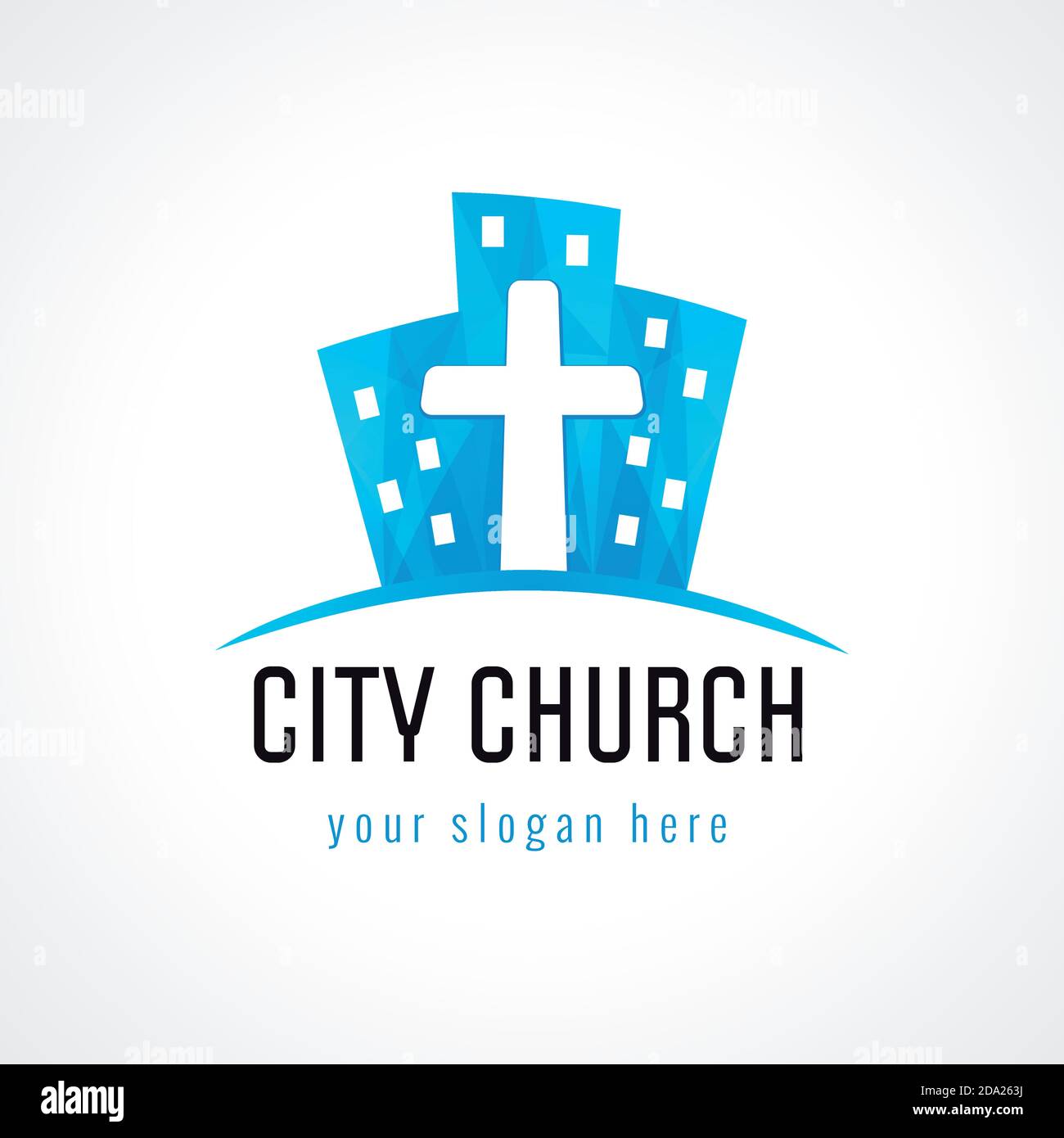 Logo „Cross and City Downtown“. Religiöse kreative christliche Logo Konzept. Symbol für Buntglasstil. Kirchenwappen. Musik Album Idee. Isoliertes abs Stock Vektor