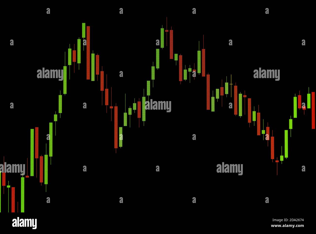 Roter und grüner Aktiendiagramm oder Forex-Chart im Kerzenständer STYL auf schwarzem Hintergrund Stockfoto